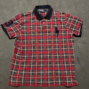 Vintage Polo Ralph Lauren Mens XL Plaid Big Pony Polo Shirt Red Tartan Checkered